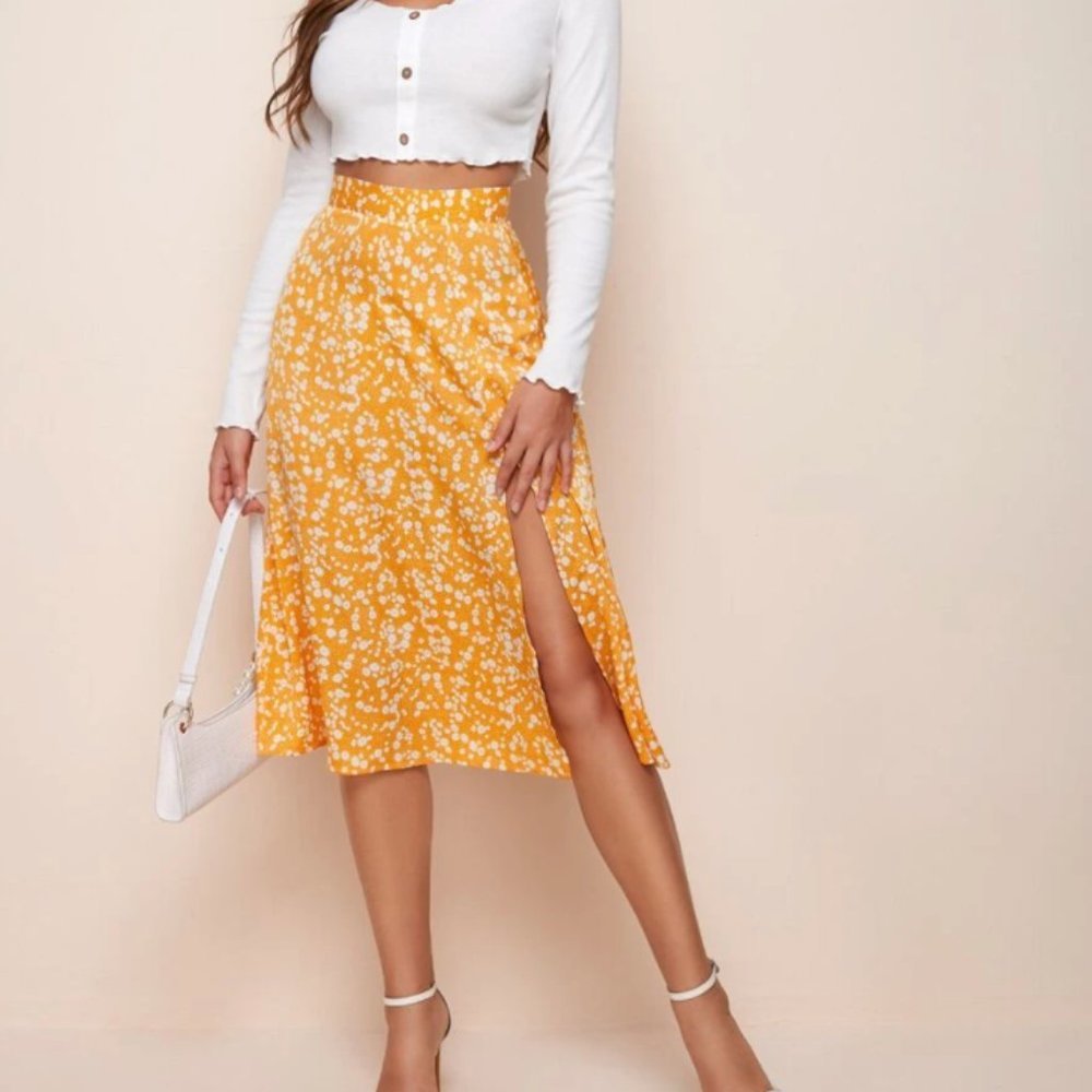 Boho ditsy floral print midi slit skirt GREEN - Picture 4 of 14